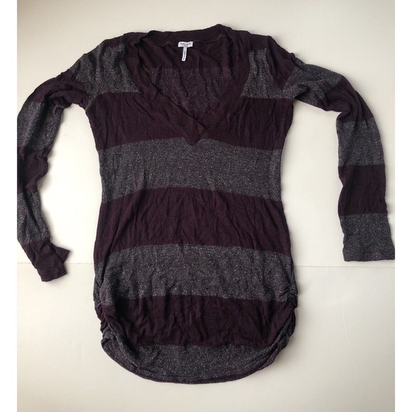 SPLENDID Purple Silver Sheer long sleeve ruched v-neck knit shirt X-Small - Picture 9 of 9